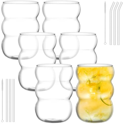 LDXDRU Set di 6 bicchieri a bolla da 550 ml, bicchieri da caffè con cannuccia, vetro per matcha, latte macchiato, caffè