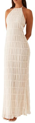 HZPHQY Women Backless Flowy Maxi Dress Sleeveless Sexy Long Beach Dresses (White, S)