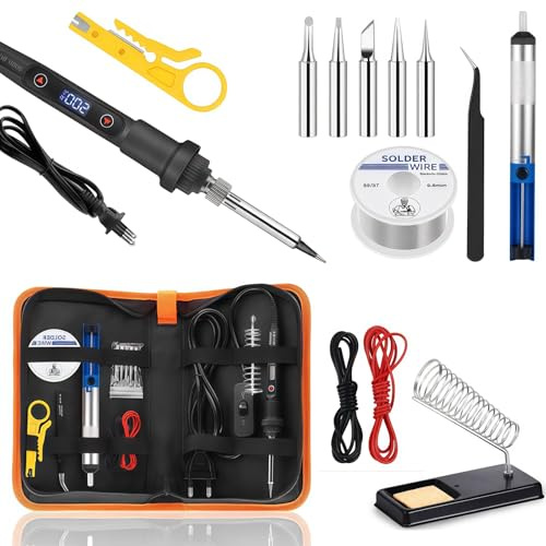 Soldador de Estaño 80W Profesional, Kit 15 en 1 con Temperatura Ajustable 180-500°C, 5 Puntas de Repuesto, Interruptor ON/OFF, para Soldadura y Reparación Electrónica
