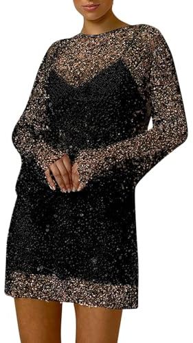 Vestido de mujer con lentejuelas brillantes, con lentejuelas, transparente, de malla, vestido de noche elegante, monocromático, vestido casual elegante, elegante, informal, vestido de fiesta de fiesta