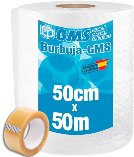 GMS - Rollo Burbuja 50cm x 50m + Precinto - Rollo Burbuja Mudanza - Rollo Burbuja Embalaje - Burbuja Mudanza, Envio y Embalaje - Papel Burbuja (50cm x 50m+Precinto)