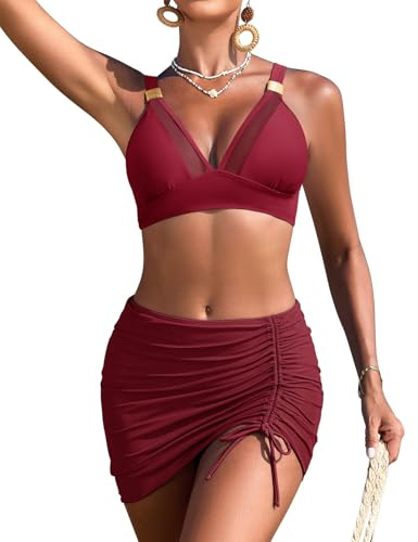 Vijamiy Bikinis Mujer Braga Alta Bañadores Traje De Baño Reductores 2 Piezas Cuello En V Push Up Top Bikini Vientre Plano Sexy Swimsuit Tankini Falda De Baño con Cordón (Rojo Vino,XL)
