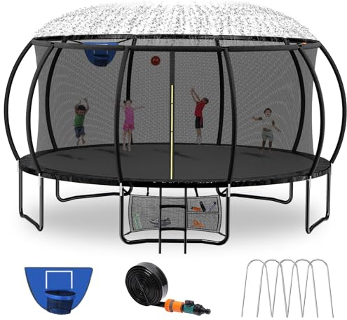 Kiivakii Trampoline 16FT, Outdoor Trampolines for Kids and Adults, Recreational Trampoline with Sprinkler & Basketball Hoop, Pumpkin Trampoline for Backyard, Heavy Duty, Black