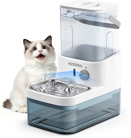 Hziotta Fuente de Agua para Gatos Sin Filtro, 4000mAh 25+ Días, 3L Tanque Fresco & 2.7L Residual Separados, Ultra Silenciosa con Sensor Radar para Gatos y Perros