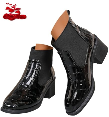 ZPLMIDE Botas de cuero de tacón medio para mujer, de charol sintético, tacón grueso, botas Chelsea clásicas de invierno y otoño para uso diario, Black, 37 EU