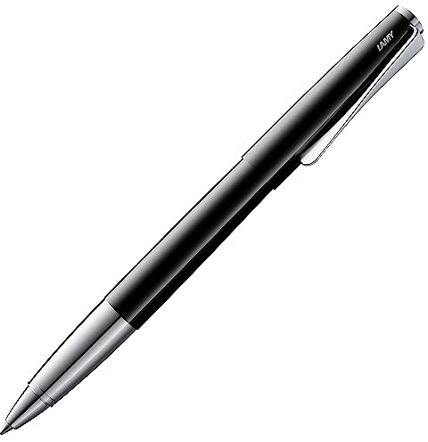 Lamy studio pianoblack Tintenroller – universeller Stift in elegantem Gehäuse aus Ganzmetall – mit propellerförmigem Clip & in Strichbreite M – mit Tintenrollermine M 63 in schwarz