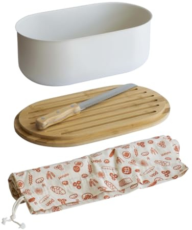 PEBBLY - Set Boîte à Pain 4 en 1 en Métal et Bambou Crème - Lot de 4 - Bien Conserver Son Pain, Multi Usage, Objectif Zéro Déchet