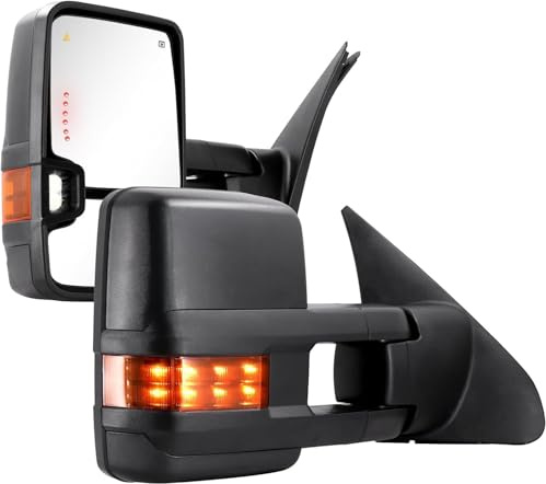 Towing Mirrors for Toyota Tundra 2007-2021, Tow Mirror for Toyota Sequoia 2008-2017, Power Glass Heated Arrow Turn Signal, Running Light, Blind Spot Monitoring, Extendable Fold Pair Set (Yellow Lens)