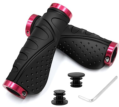 HNOOM Puños MTB Ergonómicos Antideslizantes de Caucho y Aluminio - Manillar Universal 22mm Con Doble Bloqueo para Bicicleta de Montaña, BMX, Scooter (Rojo)
