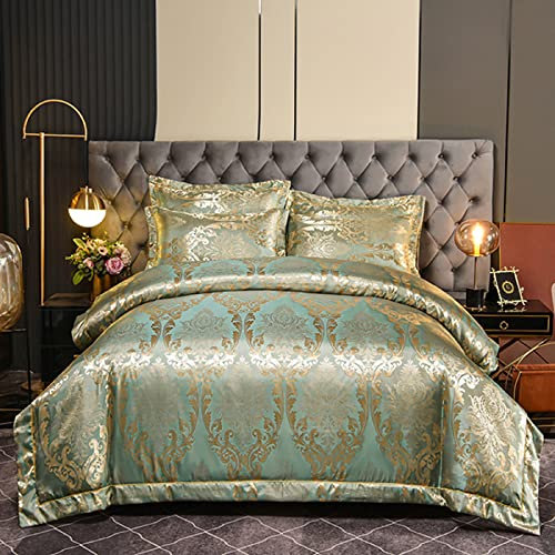 DXHOME Bettwäsche 200x220 3-teilig Satin Golden Gold Hellgrün Luxus Bettwäsche Barock Romantisch Jacquard Blumenmuster Weich Bettwäsche Doppelbett mit Reißverschluss und 2 Kissenbezügen 80x80 cm
