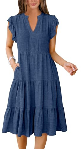 ANRABESS Womens Summer Dress Ruffle Sleeve V Neck Midi Dresses Blue