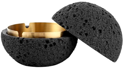 SHUESS Aschenbecher mit Deckel aus Beton Ø12,5 cm – Windaschenbecher für Draußen und Balkon, Aschenbecher Outdoor Schwarz, Stilvoller Tischaschenbecher mit Edelstahleinsatz, Geruchsdicht & Wetterfest