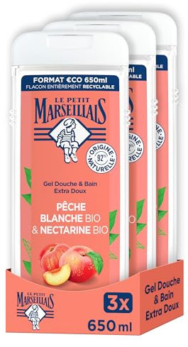 Le Petit Marseillais Gel Douche Extra Doux Pêche Blanche BIO & Nectarine BIO (lot de 3x650ml) – avec 92 % d'ingrédients d'origine naturelle – pH neutre pour la peau et sans colorant