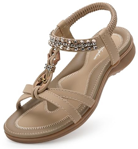 Littleplum Womens Sandals Arch Support Slingback Rhinestone Dressy Sandals Comfort Summer Shoes Ankle Strap Elastic Flats for Beach Walking Stylish Apricot Size 6