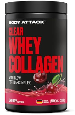Body Attack Clear Whey Collagen 300 g - Cherry - Mit Glow Collagen Komplex für Muskeln, Haut & Knochen - Collagen Pulver auf Basis von CFM Whey Protein, mit Hyaluronsäure, Kupfer, Mangan & Vitamin C
