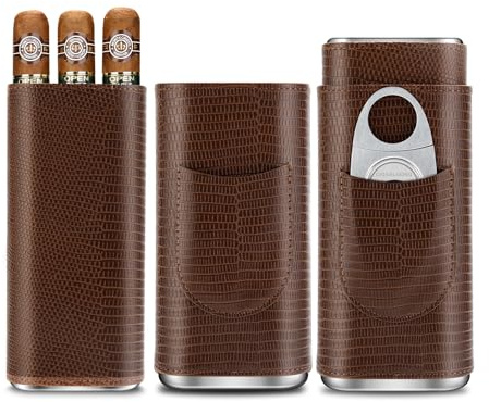 CLZOONG Etui à cigares en Cuir avec Coupe-cigares en Acier Inoxydable, étui à cigares Portable en Cuir pouvant contenir 3 cigares, étui à cigares de Voyage pour l'extérieur (Brun)