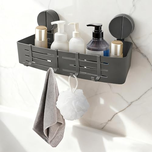 Estante de Ducha con Ventosa sin Perforación con 4 ganchos, 32 cm de Largo, Estantería Baño Ventosas, Estante Cesta de Ducha con ventosa para Jabón Champú Accesorios Duchas