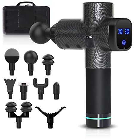 GESS Revolver Massagepistole, Tiefengewebe-Perkussionsmassagegerät zur Schmerzlinderung in Rücken, Nacken, Schultern und Beinen, mit 9 Aufsätzen, tragbar, ideal für Sportler und zur Muskelregeneration