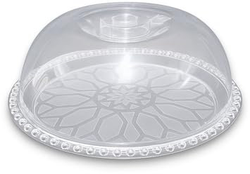 KORAT Vassoio Porta Dolci con Coperchio in Plastica Trasparente Elegante Base Decorata Ideale per Servire Torte, Pizzette, Modelli a Righe o Geometrico Leggero, Lavabile, per Ristoranti, Bar (28 cm)