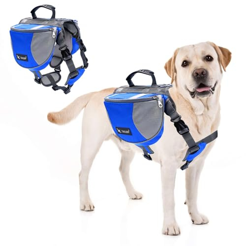 PETCUTE Sac à Dos pour Chiens avec de Grandes Poches,Respirant Sacoche de Harnais pour Chien avec Confortable Poignée,Réfléchissant Sacoche de Selle Sac à Dos pour Chien Moyens & Grands
