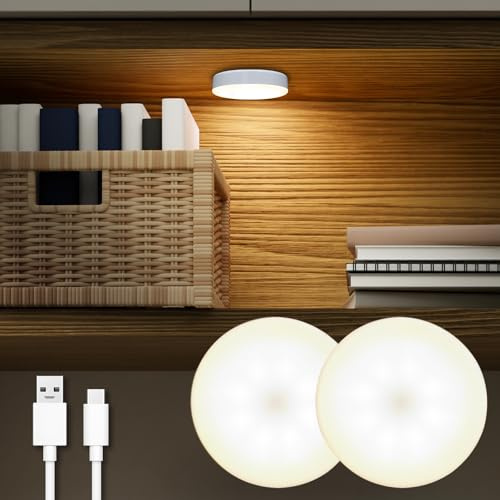 DAZZY DOT Rechargeable Puck Lights 2 Pack, Magnetic Tap Light 1000mAh Battery Powered, Warm Yellow, Dimmable Touch Light Stick on for Closet, Locker, Cabinet, Bedside, Kitchen