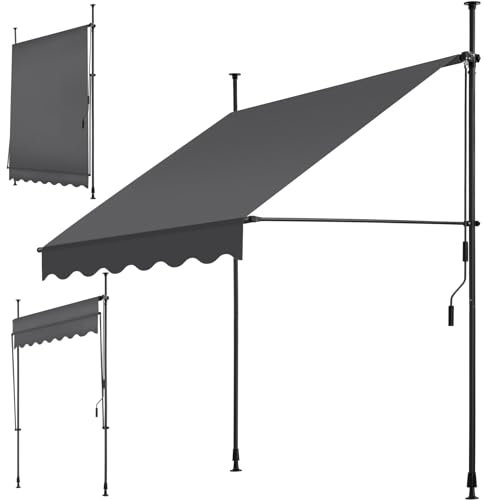 tectake Garden Patio Retractable Awning, Manual with Hand crank, Sun shade Canopy with UV and Rain Resistance, Clamp System with No Drilling Required - black/grey