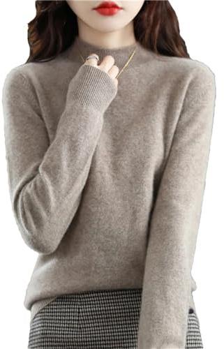 Höst vinter 100 % merinoull tröjor dam långärmad halv polokrage jumper stickad kashmir pullover, Khaki9, M