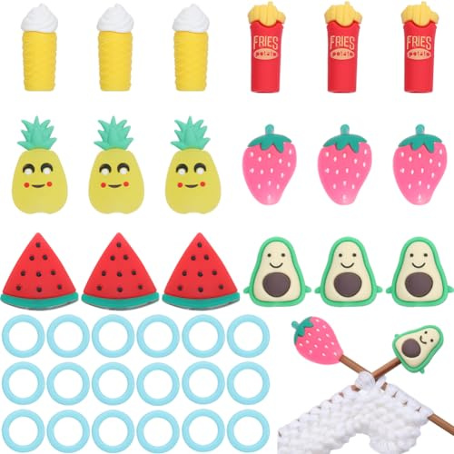 SUNNYCLUE 78Pcs Kit D'Outils de Tricot Bouchon D'Aiguille à Tricoter Protecteurs D'Aiguilles de Fruits Alimentaires Anneaux de Marqueur de Point à Tricoter Protecteurs de Point D'Aiguille à Tricoter e