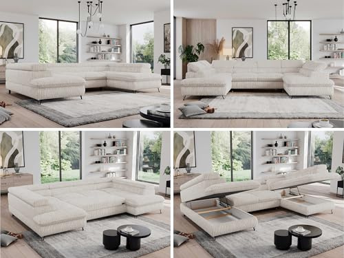 MKS MEBLE Cord Sofa U, Wohnlandschaft U-Form, Ecksofa mit Schlaffunktion und Bettkasten, Schlafsofa mit Bettkasten, Couch mit Verstellbare Kopfstützen - Pedro U - Creme Cord