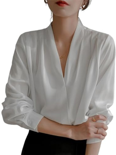 QUYNAGER Women's Elegant Satin Blouse,Casual Fashion Solid Long Sleeve Wrap V Neck Blouse Shirt Top,Satin Blouses for Women (White,Medium)