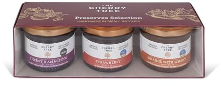 Cherry Tree Preserve Favourites Gift Pack, 3 x 120 g Jars – Cherry with Amaretto Jam, Strawberry Jam, Orange with Whisky Marmalade – Most Popular Sweet Flavours