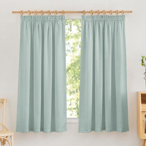 PONY DANCE Cortinas Cocina Cortas de Lino, Visillos Translucidos con Ganchos para Riel Curtains for Bedroom/Comedor/Dormitorio 2 Piezas,140x145cm,Verde Salvia