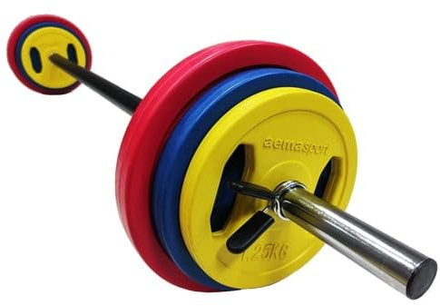 AemaSport Set completo de Discos y Barra - Body Pump - Barra de 140cm y Cierres - Set de Pesas con Recubrimiento de Caucho para Entrenamiento Completo - Barra de Espuma Antideslizante