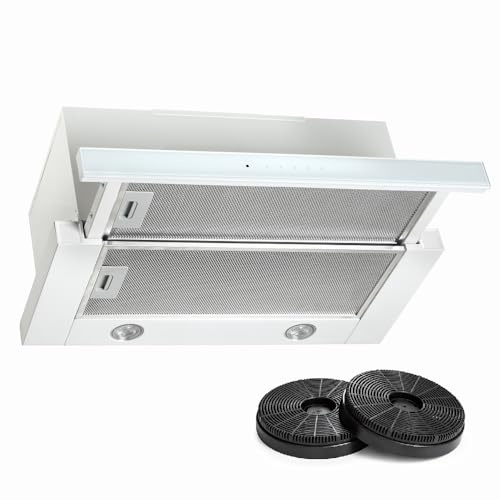 VLANO SLIDE 60 Umluft Einbau-Dunstabzugshaube, 60cm, 4 Leistungsstufen, Weiß, Touch Control, 685 m³/h, EEK: A, Flachschirmhaube Teleskop Dunstabzug ausziebar inkl Filter