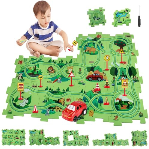 UCAMP Pista Circuit Coche de Juguetes con 12 Puzzles DIY Ruta Juego Educativo, Coche Eléctrico para 2 3 4 5 6 7 Años Regalos Cumpleaños Navidad Niños Niñas (Tierra)