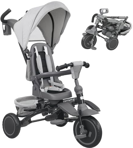 AIYAPLAY Kids Trike, Toddler Tricycle 6 in 1 Foldable Baby Trike with Adjustable Parent Handle & Canopy, Convertible Seat, 5-Point Harness, Storage Basket & Bag for Ages 1-5 Years, Grey