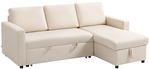 HOMCOM Divano ad angolo Convertibile divano letto 3 posti modulabile con chaise longue reversibile, contenitore integrato e 3 cuscini per lo schienale, tessuto effetto lino, color crema