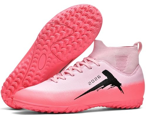 WOWEI Fotbollsskor herr pojkar High Top Spike Cleats professionella fotbollsskor barn sport utomhus atletiska träningsskor fotbollsskor sportskor tävling, Rosa 6, 42 EU