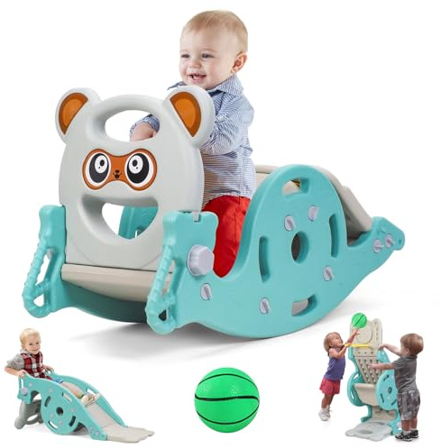 Toboggan 4 en 1 à Cheval à Bascule, Combinaison Portable pour Enfants avec Panier de Basket-Ball, Ensemble de Jeu Autonome pour garçons et Filles de 1 à 6 Ans, grimpeur (Vert)