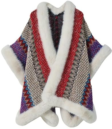 Stickade ponchos för kvinnor färgglada ränder vintage etnisk stil poncho capes dam fuskpäls sjal kappa stickad sjal wrap öppen framsida koftor, Rosenröd, one size