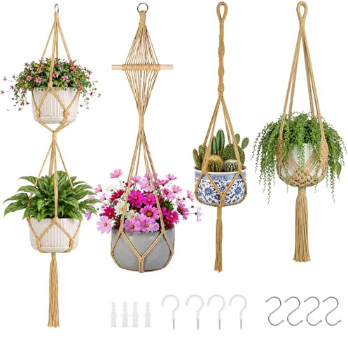 ZKAILCF Juego de 4 Colgadores Macramé para Plantas, Soporte para Macetas Colgantes de Cuerda de Algodón Hecho a Mano, 4 Longitudes 84-126cm con 4 Ganchos en S, Ganchos de Techo y Tacos, Color Caqui
