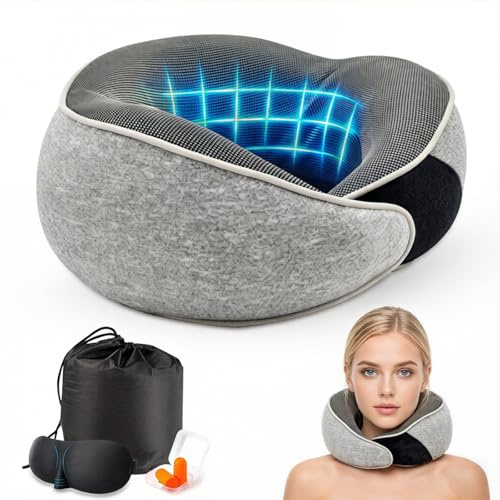 Dcceeo Almohada de Viaje Cuello, Cojin de Viaje de Espuma Memoria Almohada Viaje para Cuello Ajustable Soporte 360° con Máscara de Ojos, Tapones y Bolsa Cojin Cervical Compacta para Avión, Coche, Tren
