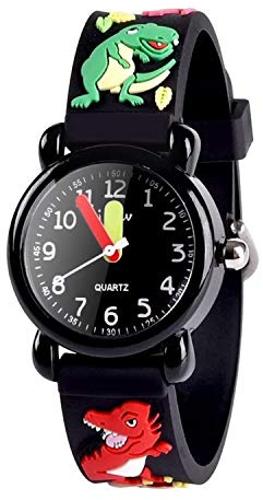 ATIMO Kids' Gifts, Unisex 3-12 Year Olds' Japanese Quartz Cartoon Dinosaur Watch, Black Silicone Band, Water Resistant, Shock Resistant, Perfect for Boys & Girls