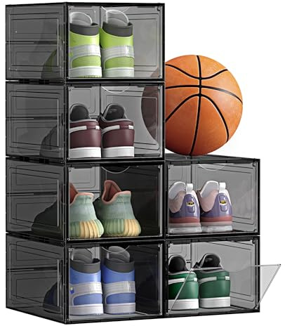 SONGMICS Shoe Boxes, Pack of 6, Organizers with Door, Plastic Shoe Storage, Stackable, Easy Assembly, 27 x 34.5 x 19 cm, Up to UK 10, Black LSP032B06