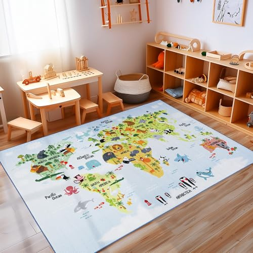 Carpettex Kinderteppich rutschfest | Weltkarte mit Tieren Design 100 x 150 cm | Kein Abwurf | Kurzflor und Waschbarer Spielteppich für Kinderzimmer für Mädchen und Jungen | Blau Meer, Pinguin, Wal