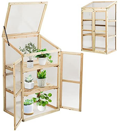 RELAX4LIFE 3-stufiges hölzernes Frühbeet, Anzuchthaus für Blumentöpfe, Gewächshaus mit Polycarbonat-Platten & Deckel, Hochbeet Transparent, 60 x 45 x 100 cm, Treibhaus für Garten & Balkon & Veranda