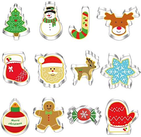 Annhao Formine per Biscotti Natale, 12 Pezzi Acciaio Inox Stampi per Biscotti Natalizie con Albero di Natale, Omino di Pan di Zenzero, Babbo Natale e Renna, Fiocco di Neve, Pupazzo di Neve ecc..