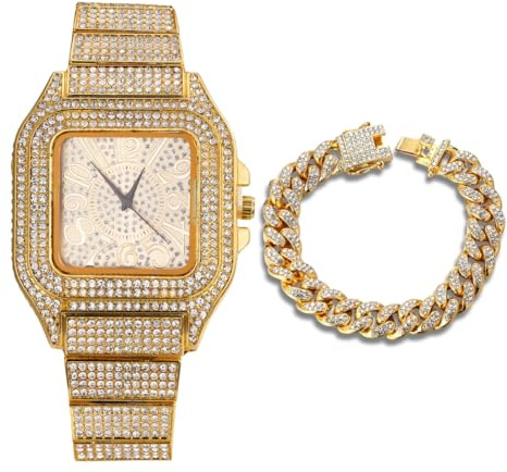 HALUKAKAH Iced Out-Diamant Klocka, Herr 18k Guldpläterad/Platina Vitt Guld Arabiskt Siffror Urtavla Kvarts Band 22 cm, Valfritt Kubansk Kedja Armband 20cm/Halsband 45 cm