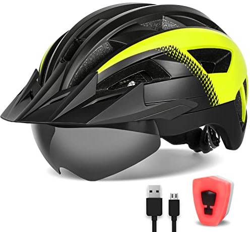 FUNWICT Fahrradhelm mit Visier für Herren Damen, Leichte Fahrradhelm mit Magnetischem Brille und USB-Aufladung LED Licht, Stylisch Mountainbike Helm Größe M/L/XL (XL: 59-63 cm, Schwarz Gelb)