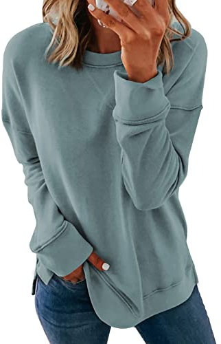 Dokotoo Womens Ladies Oversized Long Sleeve Crewneck Sweatshirt Side Split Loose Fit Solid Basic Pullover Tunic Shirts Tops Sweatshirts for Women 2026 Fashion Fall Blue XLarge